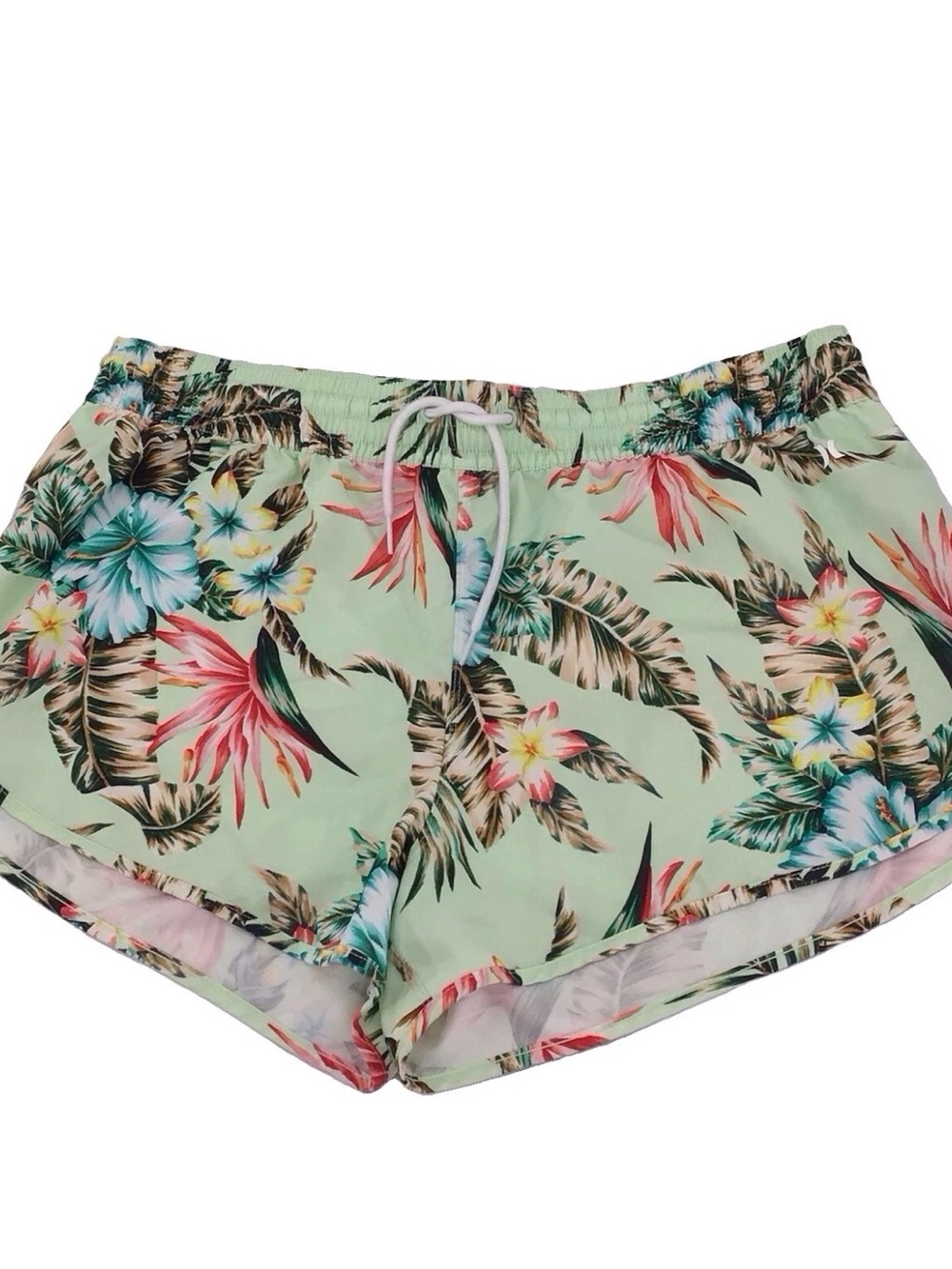 Hurley Women's Mint Floral Tropical Athletic Shorts with Drawstring Size Large